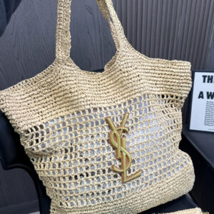 YSL Woven Raffia Cut-Out Tote Bag